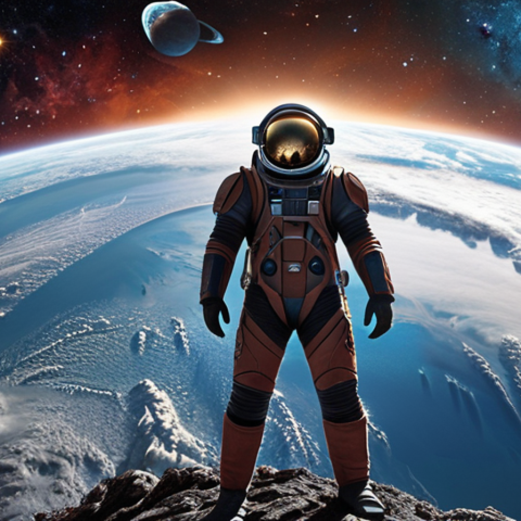 **Prompt:** A panoramic view of Earth, vibrant with natural wonders, transitioning into a cosmic scene filled with stars and galaxies. In the foreground, Supertón soars through space, his suit reflecting Earth's colors, symbolizing his connection to the planet. The image should evoke a sense of hope and determination, showcasing Supertón as a protector of both Earth and the universe.