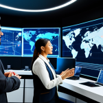 A diverse group of professional business leaders and strategists, fully clothed in modern business attire, collaborating in a sleek, futuristic control room. Large transparent screens display complex data visualizations of global economic networks, supply chain flows, and market trends, powered by advanced AI and Supertron technology. The atmosphere is one of focused innovation and strategic planning, conveying progress and interconnectedness. Safe for work, appropriate content, modest clothing, perfect anatomy, correct proportions, natural pose, well-formed hands, proper finger count, natural body proportions, professional photography, high quality, family-friendly.