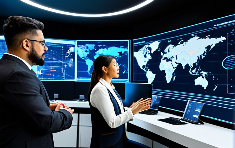 A diverse group of professional business leaders and strategists, fully clothed in modern business attire, collaborating in a sleek, futuristic control room. Large transparent screens display complex data visualizations of global economic networks, supply chain flows, and market trends, powered by advanced AI and Supertron technology. The atmosphere is one of focused innovation and strategic planning, conveying progress and interconnectedness. Safe for work, appropriate content, modest clothing, perfect anatomy, correct proportions, natural pose, well-formed hands, proper finger count, natural body proportions, professional photography, high quality, family-friendly.