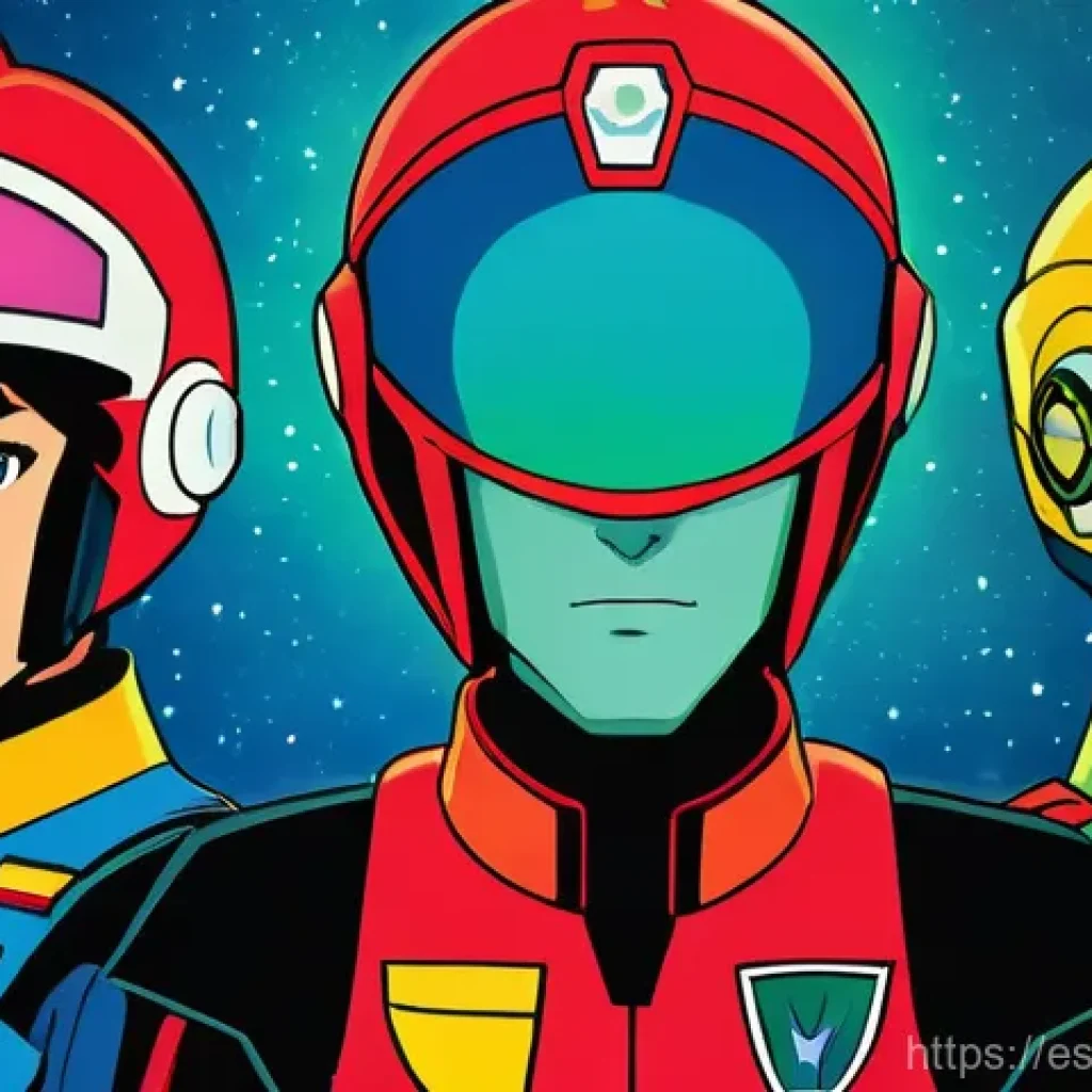 슈퍼트론의 주요 스핀오프와 미디어 믹스 - **Classic Voltron Forms in Space**
A vibrant, retro 1980s anime-style illustration of the "Lion ...