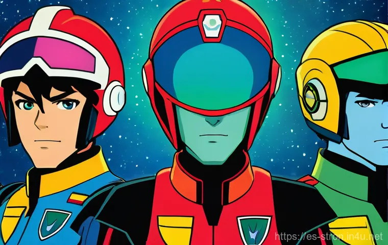 슈퍼트론의 주요 스핀오프와 미디어 믹스 - **Classic Voltron Forms in Space**
A vibrant, retro 1980s anime-style illustration of the "Lion ...