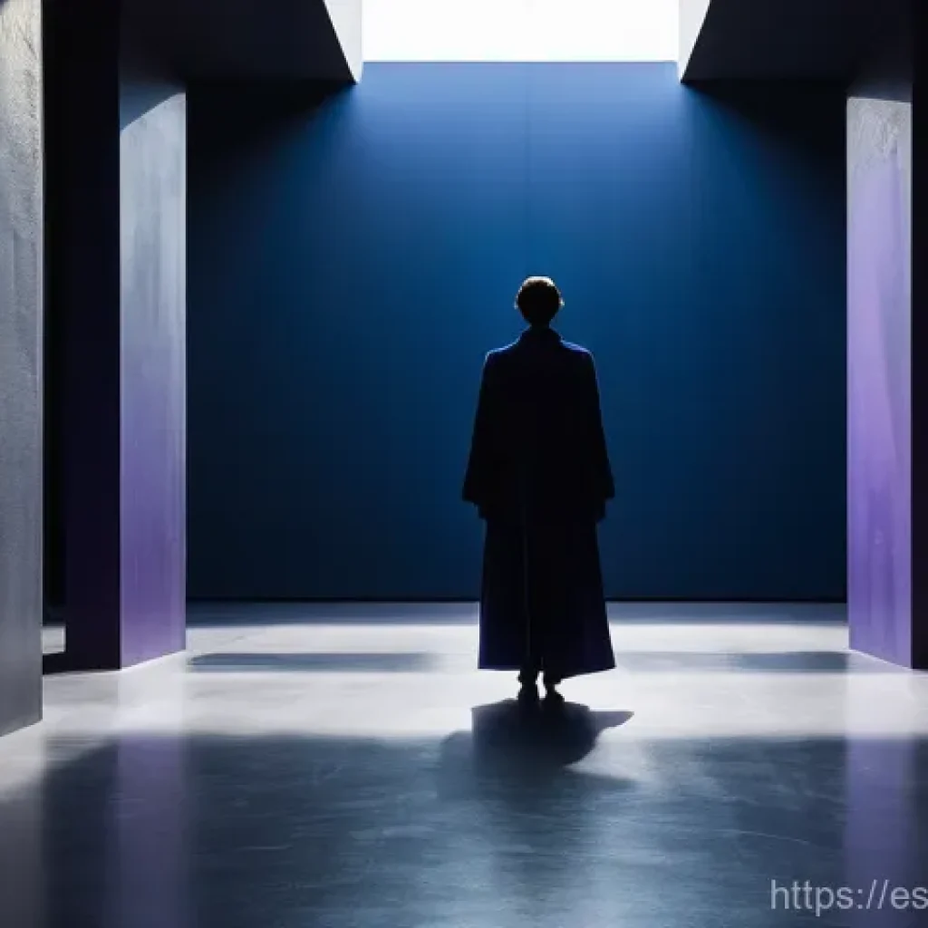 슈퍼트론의 주요 장면과 미술적 디테일 - **Prompt:** "A solitary figure, seen from the back, standing in a vast, abstract architectural space...