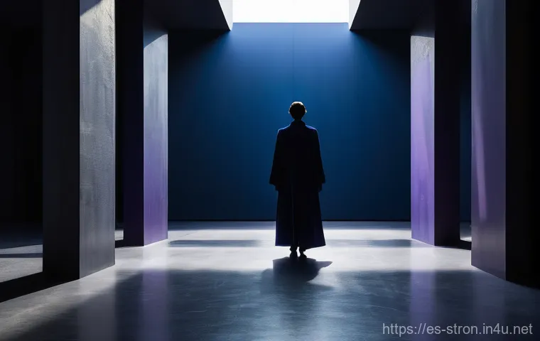 슈퍼트론의 주요 장면과 미술적 디테일 - **Prompt:** "A solitary figure, seen from the back, standing in a vast, abstract architectural space...