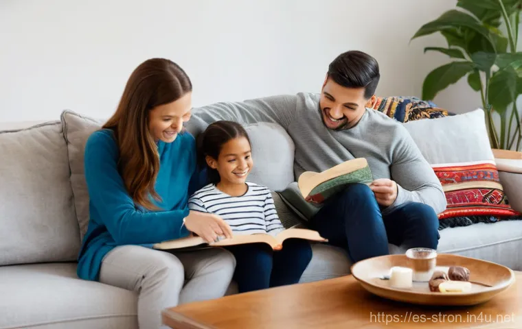 슈퍼트론 유통 플랫폼과 주요 파트너사 - A warm and inviting living room scene. A family of three, consisting of a mother, father, and their ...