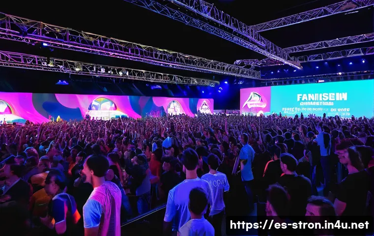 슈퍼트론 글로벌 팬미팅 후기 - A vibrant fanmeeting scene in a spacious, modern venue in Spain, filled with diverse fans of all age...