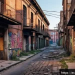 슈퍼트론의 주요 배경지 촬영지 정보 - A detailed urban industrial street scene at dusk in a Spanish city, featuring weathered brick buildi...
