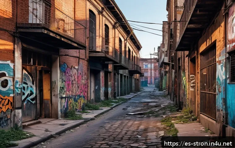 슈퍼트론의 주요 배경지 촬영지 정보 - A detailed urban industrial street scene at dusk in a Spanish city, featuring weathered brick buildi...