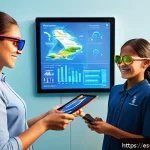 슈퍼트론과 관련된 현대 사회적 메시지 - A futuristic digital classroom in a vibrant Latin American urban setting, featuring diverse students...