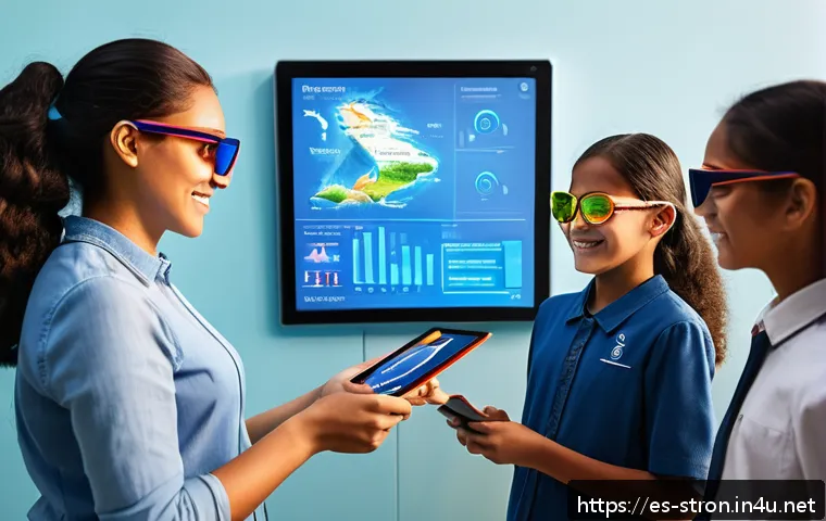 슈퍼트론과 관련된 현대 사회적 메시지 - A futuristic digital classroom in a vibrant Latin American urban setting, featuring diverse students...