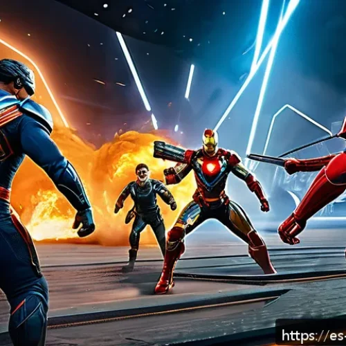 슈퍼트론의 주요 아군 캐릭터 간 상호작용 - A dynamic battle scene in a futuristic arena featuring a diverse team of superheroes executing tacti...