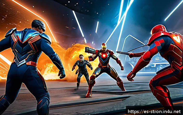 슈퍼트론의 주요 아군 캐릭터 간 상호작용 - A dynamic battle scene in a futuristic arena featuring a diverse team of superheroes executing tacti...