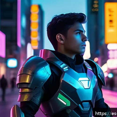 슈퍼트론 등장인물들의 개인적 성장 스토리 - A thoughtful young hero in futuristic armor standing at a crossroads in a neon-lit cityscape at dusk...