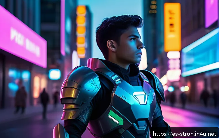 슈퍼트론 등장인물들의 개인적 성장 스토리 - A thoughtful young hero in futuristic armor standing at a crossroads in a neon-lit cityscape at dusk...